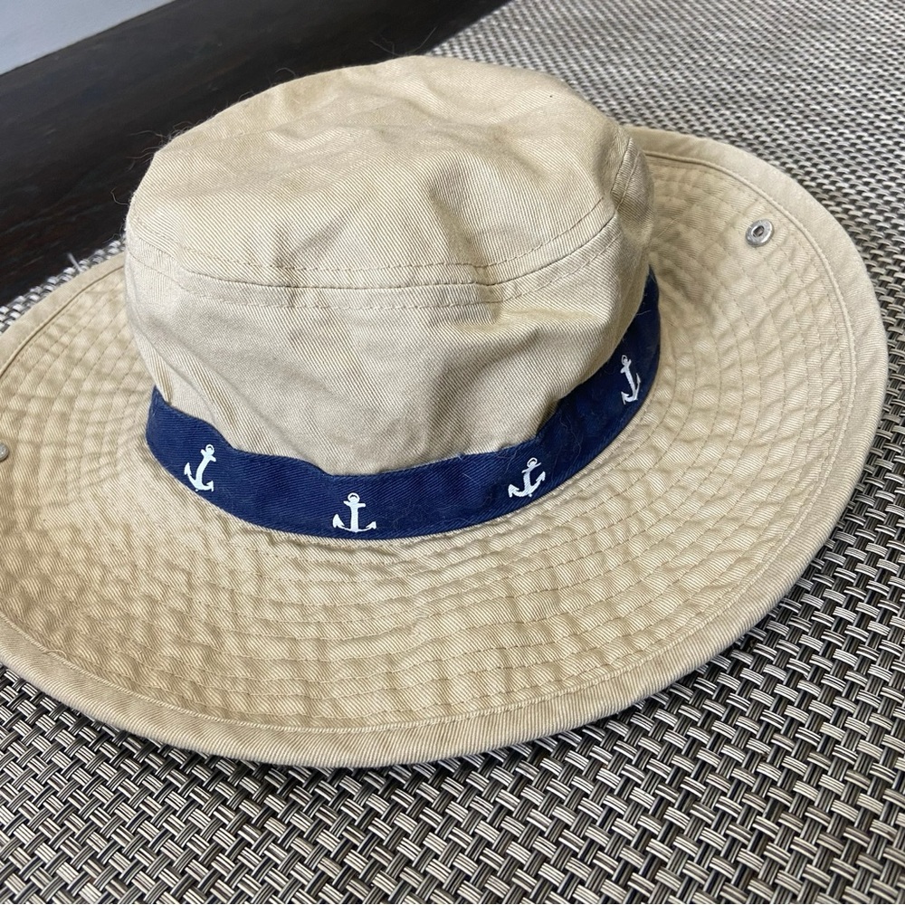 Toddler (Ages2-4) Khaki Cotton  Bucket Hat w/ Snaps & Nautical Navy Anchor Band
